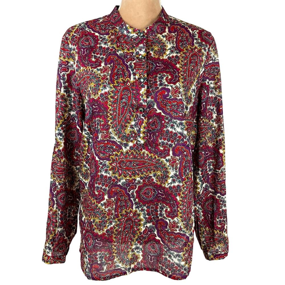 Talbots Popover Top Paisley Multicolored Blue Glass Buttons Womens Sz 12 Fall - Picture 2 of 8